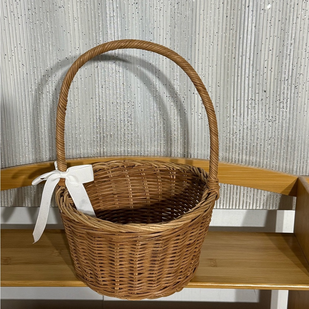 Woven Round Basket with Handle and White Bow